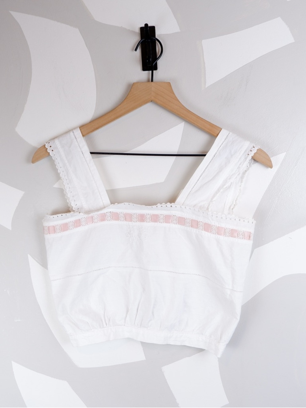 Vintage Monogrammed Cotton Button Up White Eyelet Corset Cover Top